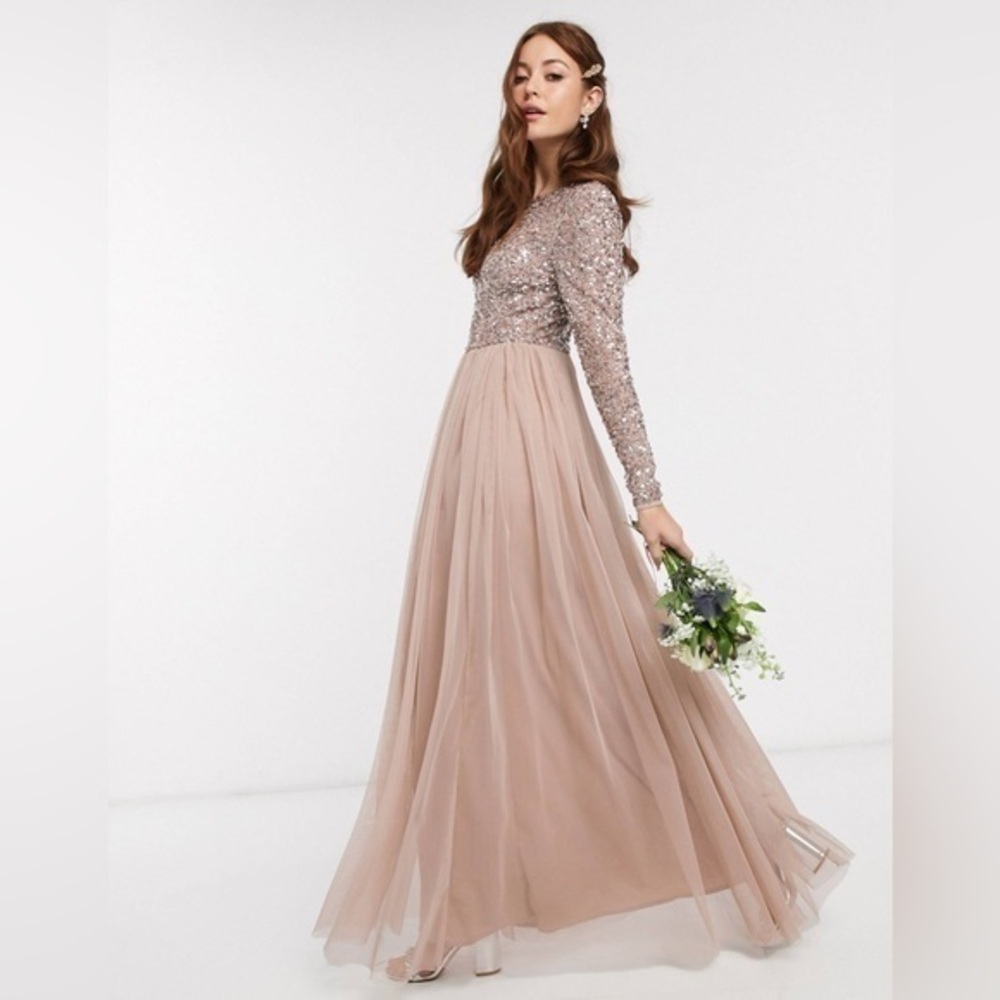 Asos Maya Bridesmaid Muted Blush Long Sleeve Sequin Chiffon Maxi Dress